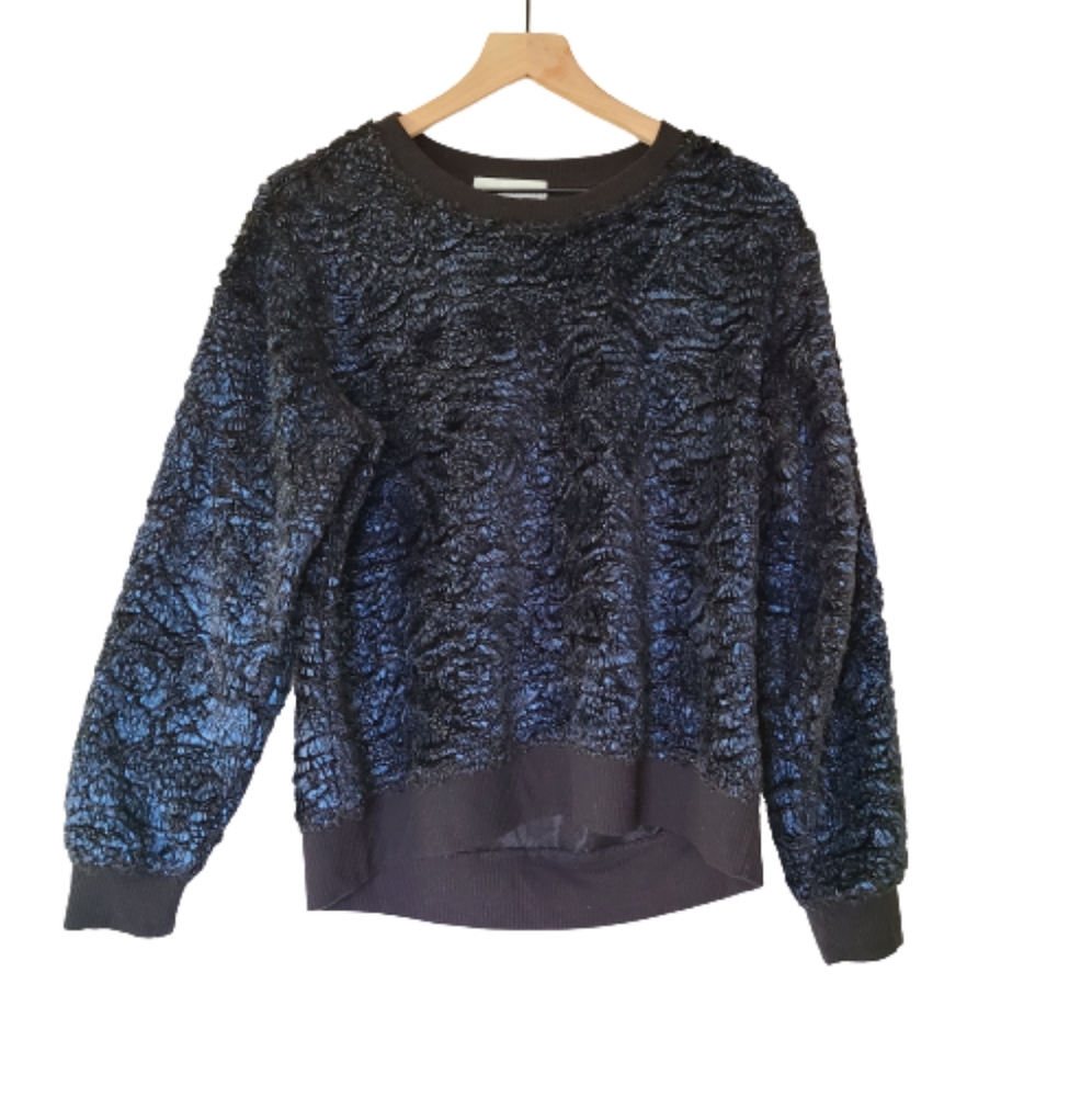 Fourteenth place fuzzy blue and black sweater